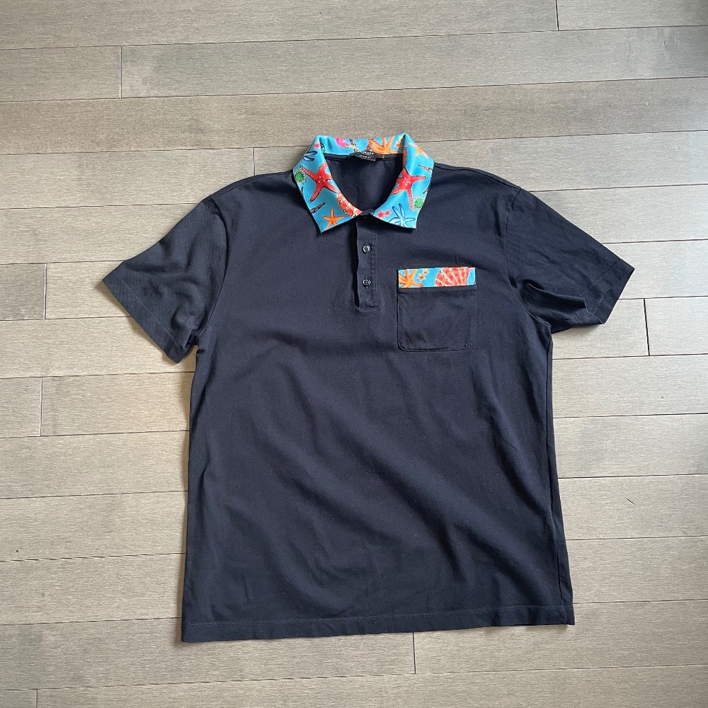 Versace - Black Pattern Print Polo (M)